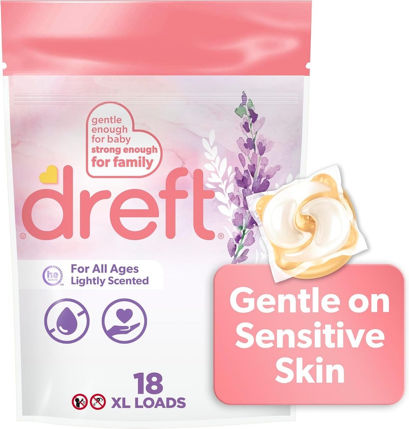 Dreft Laundry Detergent XL Pacs, Light Scent, Lavender, 18 Count - Image 1